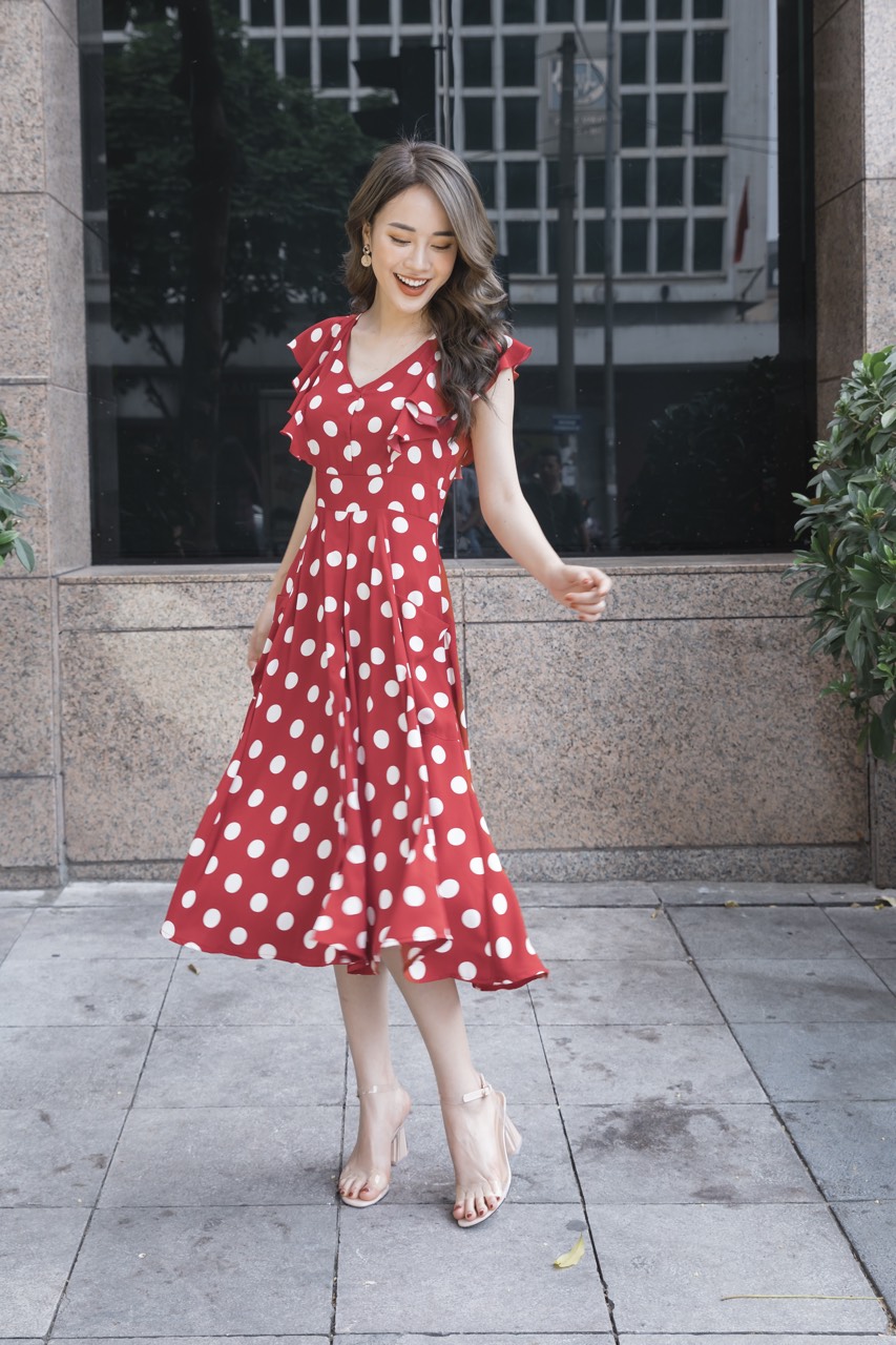 Đầm yếm chấm bi buộc nơ sau cổ KK108-14 | Thời trang công sở K&K Fashion
